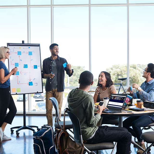 Group discussion in a hall